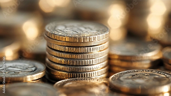 Fototapeta A close up shot of a stack of coins with blurred background showing other coins scattered around it