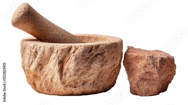 Fototapeta A detailed shot of a stone mortar and pestle, used for grinding spices.