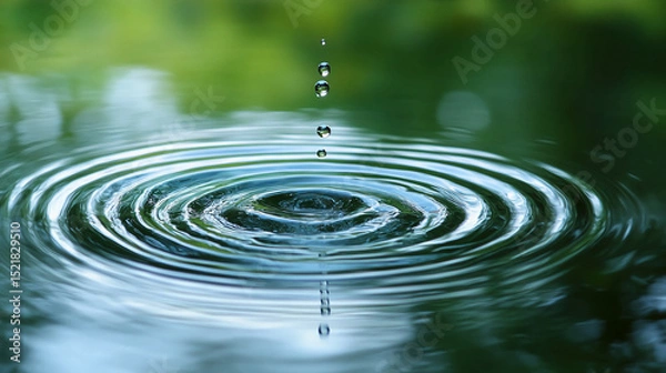 Obraz Water droplets falling into a pond creating ripples on the surface with a green blurred background