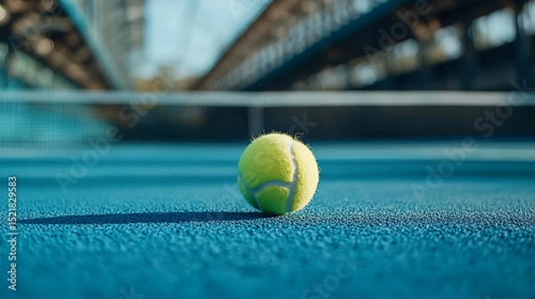 Obraz A single tennis ball sitting on a blue tennis court with a blurred background under a bridge like structure