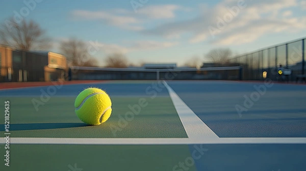 Obraz A single tennis ball sits on a blue and green outdoor court under a blue sky with some clouds