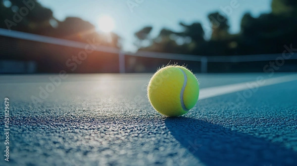 Obraz A tennis ball sitting on a blue court with a net and trees in the background on a sunny day scene