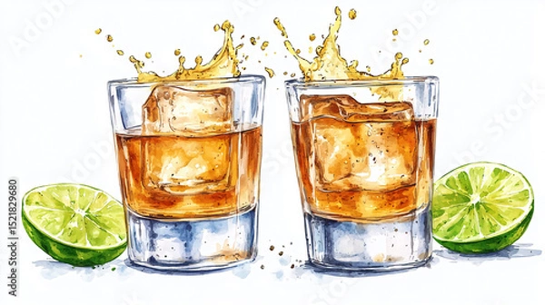 Obraz Watercolor painting of two glasses with whiskey and ice cubes with lime halves on a white background