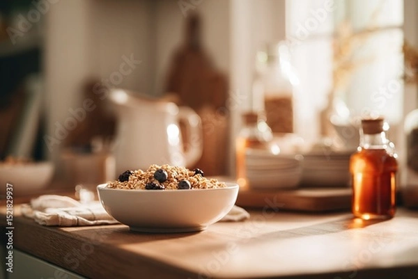 Fototapeta Enjoying a delicious breakfast bowl with granola and berries in a cozy kitchen setting during morning light