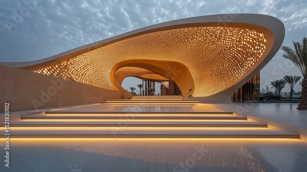 Obraz Illuminated architecture with steps leading to a modern building with intricate design and palm trees