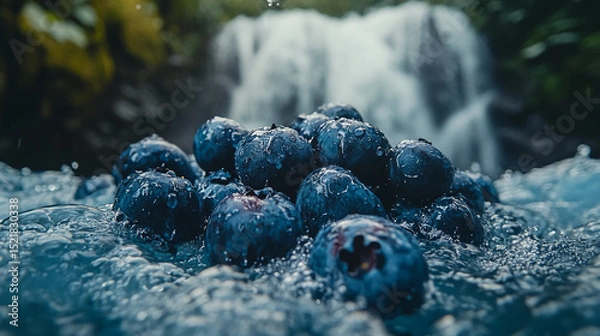 Obraz A close up of blueberries with water droplets and a blurred waterfall in the background outdoors