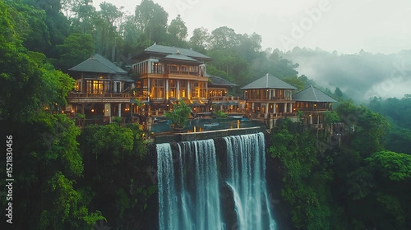 Obraz Aerial view of a luxurious resort nestled amidst lush greenery with a cascading waterfall below it