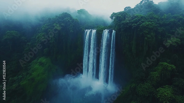 Obraz A scenic view of a tall waterfall cascading down a lush green forest in a misty and cloudy atmosphere
