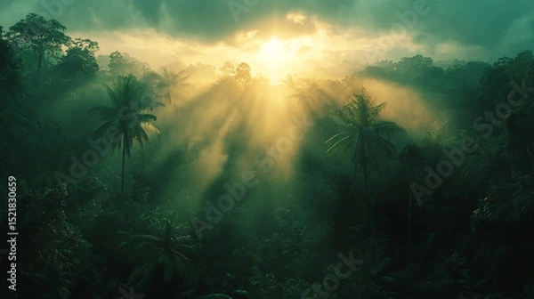 Obraz Sunlight shining through the dense tropical rainforest canopy with palm trees and heavy mist