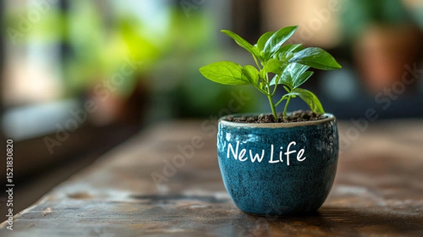 Obraz A small green plant in a blue pot with the words new life on a wooden table against a blurred background