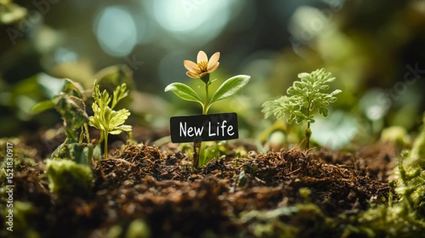 Obraz Small flower with new life sign growing in soil with other green plants in blurred background view