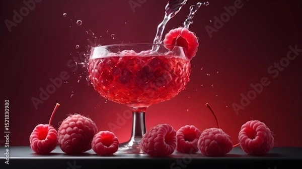 Fototapeta Red wine splash raspberry cocktail with dramatic background 