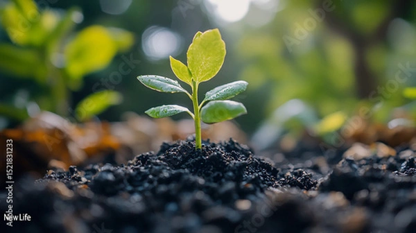 Obraz A small plant seedling growing from dark soil with a blurred green background in soft focus light