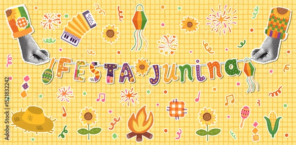 Fototapeta Festa Junina Vector Poster, Brazilian Festival Banner Illustration, Bunting with Text and Festive Graphics - Sunflower, Accordion, Straw Hat, Corn