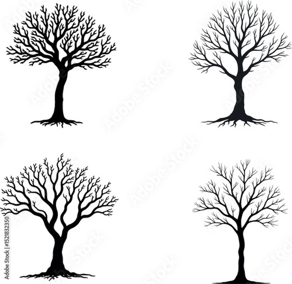 Fototapeta Four bare tree silhouettes isolated on white background