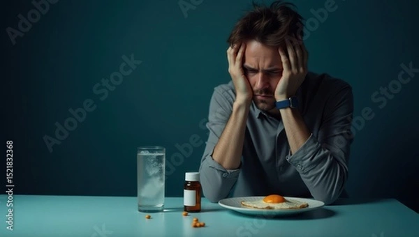 Fototapeta High-realism close-up of a hungover man at a table, head in hand, disheveled hair, and a furrowed brow. His expression shows clear fatigue and discomfort, capturing the aftermath of a rough night.