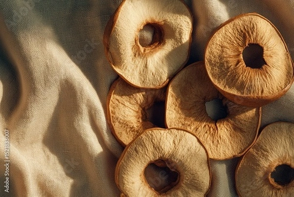 Fototapeta Dried apple slices arranged on a light fabric background capturing natural textures and colors