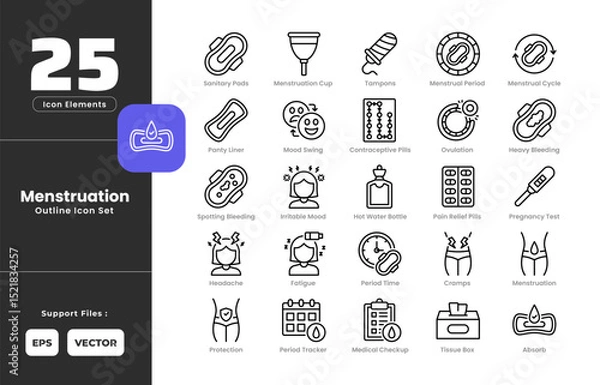 Obraz Menstruation Icon Set Collection with Outline or Line Art Style. Including Pregnancy, Test, Absorb, Contraceptive, Pills, Cramps, Fatigue, Headache, Bleeding, Hot, Water, Bottle, Irritable, Mood.