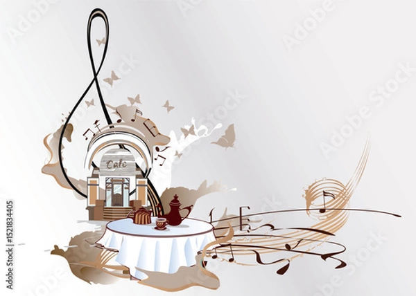 Obraz Coffee music. Abstract treble clef decorated with coffee wave, beans and a cup. Hand drawn vector illustration.