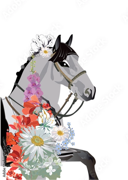 Obraz Horse decorated with summer and spring flowers. Hand drawn vector illustration.
