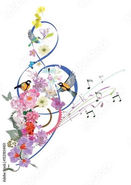 Obraz Abstract nature treble clef decorated with summer and spring flowers, notes, birds. Light and relax music. Hand drawn vector illustration.