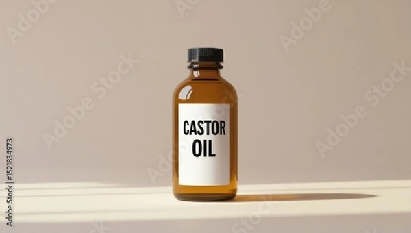 Fototapeta Glass bottle of castor oil with a metal cap and bold “Castor Oil” label, placed on a beige background. Clean, minimal composition ideal for health, wellness, and skincare themes.