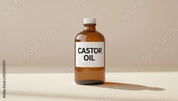 Fototapeta Glass bottle of castor oil with a metal cap and bold “Castor Oil” label, placed on a beige background. Clean, minimal composition ideal for health, wellness, and skincare themes.