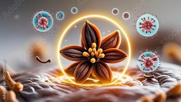 Fototapeta Hyper-detailed close-up of a vibrant clove bud, rich in texture and oils. A glowing aura surrounds it as symbolic bacteria, fungi, and viruses dissolve, illustrating its potent natural healing power.