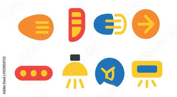 Fototapeta Flat vector icons of automotive lighting: headlight, taillight, fog light, turn signal, brake light, interior light, dashboard light, license plate light.