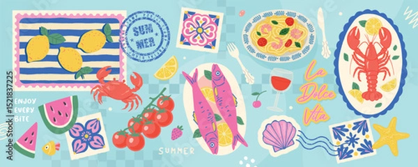 Obraz Colorful Italian summer food and travel elements collection featuring lobster, pasta, lemon, fish for Mediterranean holiday concept on blue checkered background vector illustration.