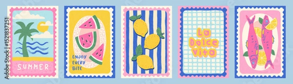 Obraz Hand drawn summer postcard set with palm tree, watermelon, lemons, sardines, and La Dolce Vita text in Mediterranean sketch style on pastel background for holiday decor and print concept, vector 