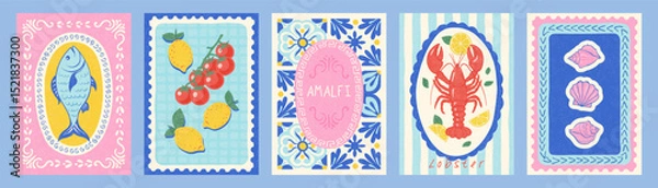 Obraz Set of Italian summer themed vertical card designs featuring fish, lemon, tomato, lobster, shell for Mediterranean travel postcard, poster or menu design vector illustration.