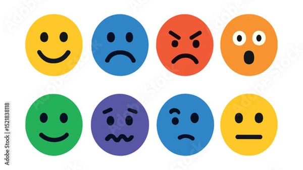 Fototapeta Flat vector icons of emotions: happy face, sad face, angry face, surprised face, calm face, anxious face, confused face, neutral face.