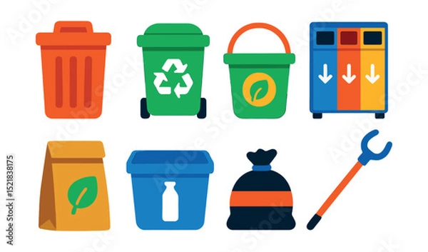 Fototapeta Flat vector icons of recycling and waste management: trash bin, recycling bin, compost bucket, waste separator, paper bag for waste, plastic sorting box, garbage bag roll, trash picker.