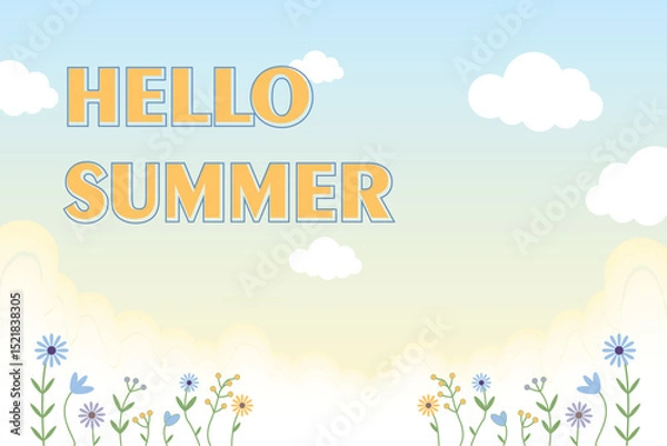 Fototapeta Floral Hello Summer Scene with Gradient Sky. Vector background featuring floral elements, soft pastel tones, and clouds. Great for seasonal ads, posters, or social media content.