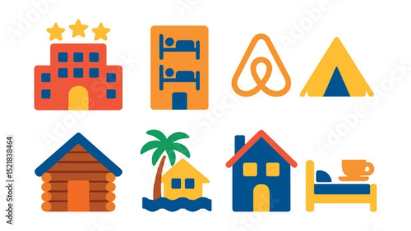 Fototapeta Flat vector icons of accommodation types: hotel, hostel, Airbnb, camping tent, cabin, resort, guesthouse, bed and breakfast.