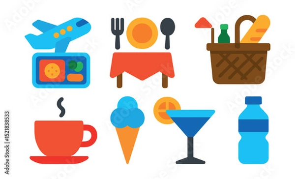 Fototapeta Flat vector icons of travel food and dining: airplane meal, restaurant table, street food, picnic basket, coffee cup, ice cream cone, cocktail glass, water bottle.