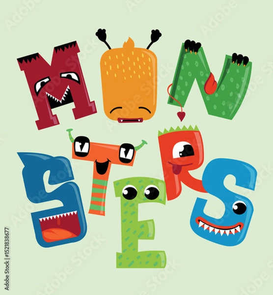 Obraz Colorful monsters alphabet illustration. Unique cartoon monster character. Fun design for kids, posters, Vector illustration