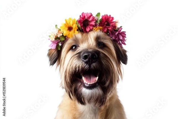 Obraz Professional studio artwork. Isolated blue background, copy space, promotion artwork. Cute adult dog maltese wearing savage flower circlet on its head - symbol of sunny vacation time.