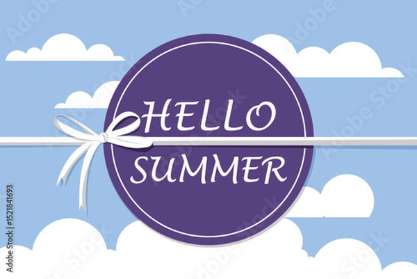 Fototapeta Hello Summer Background with Ribbon and Cloud Elements. Flat vector with a purple circle, ribbon bow, and white clouds. Perfect for summer greetings, posters, and seasonal designs.