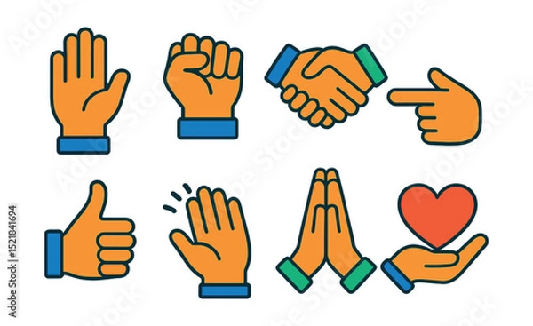 Fototapeta Flat vector icons of hands: open hand, clenched fist, handshake, pointing finger, thumbs up, waving hand, praying hands, hand holding heart.