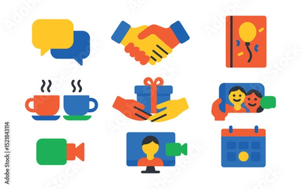Fototapeta Flat vector icons of social life: chat bubbles, handshake, coffee meet-up, party invitation, gift exchange, group selfie, video call, calendar event.
