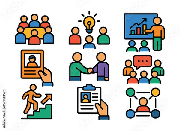 Obraz Flat vector line icons of office teamwork: group meeting, brainstorming session, leader presenting, HR recruitment, employee handshake, team discussion, career ladder, CV review, workgroup