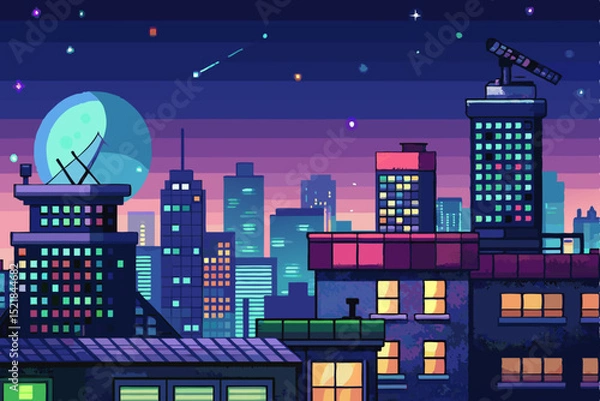 Fototapeta Dark urban skyline with illuminated city buildings under a star-filled night sky