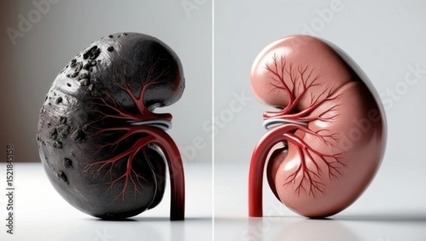Fototapeta Juxtaposed medical illustration of two human kidneys—one healthy and one damaged—highlighting the contrast in organ condition. Ideal for healthcare, nephrology, and disease awareness content.