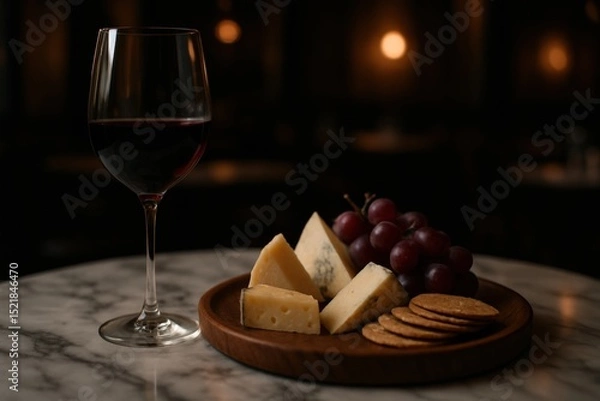 Fototapeta A glass of red wine with gourmet cheese, grapes, and crackers on a marble table in an elegant, dimly lit setting.