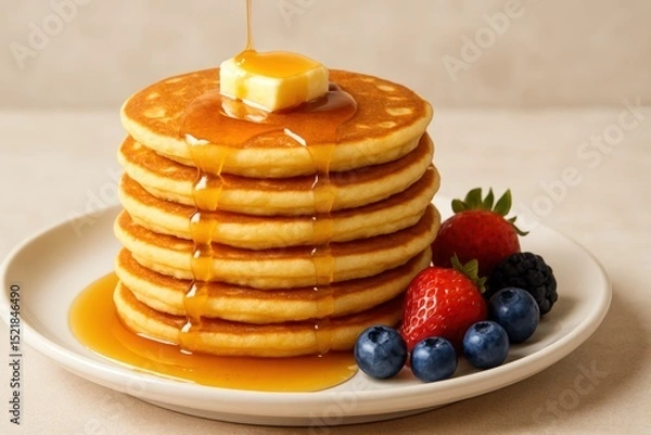Fototapeta Mouthwatering pancakes topped with butter, maple syrup, and fresh berries for a tempting breakfast scene