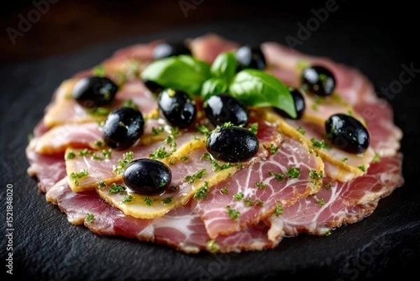 Fototapeta Gourmet charcuterie platter featuring fresh olives prosciutto and herbs arranged artfully on a rustic slate board captured with vibrant colors and exquisite detail showcasing culinary