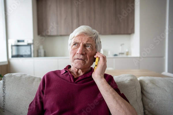 Fototapeta Distrustful and anxious senior man frowns during emergency call, listening to pressured demands for banking information, sitting at sofa. Fraud warning, mislead, personal data risk, financial scam