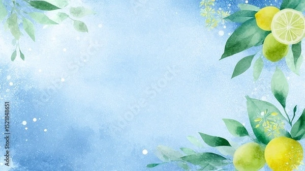 Fototapeta Watercolor lemon and leaves background with blue gradient texture.